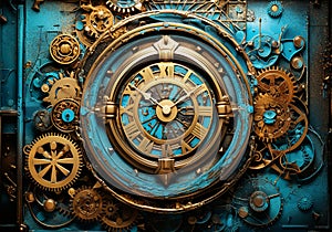 Steampunk clock in turquoise and gold, with gears. Resolute and textural contrast. AI generated