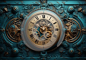 Steampunk clock in turquoise and gold, with gears. Resolute and textural contrast. AI generated