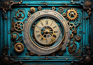 Steampunk clock in turquoise and gold, with gears. Resolute and textural contrast. AI generated