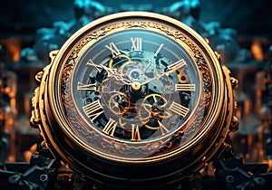 Steampunk clock in turquoise and gold, with gears. Resolute and textural contrast. AI generated