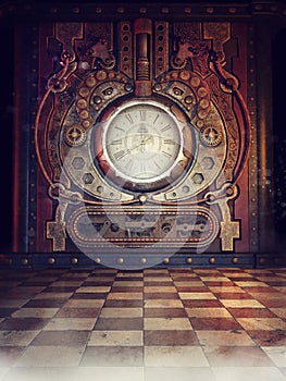 Steampunk clock in a vintage room