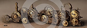 Steampunk Clockwork: An intricate mechanism blending gears, cogs, vintage brass elements, evoking Victorian-era