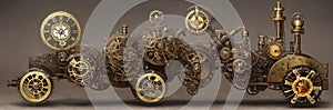 Steampunk Clockwork: An intricate mechanism blending gears, cogs, vintage brass elements, evoking Victorian-era