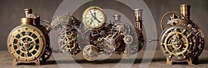 Steampunk Clockwork: An intricate mechanism blending gears, cogs, vintage brass elements, evoking Victorian-era