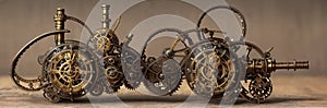 Steampunk Clockwork: An intricate mechanism blending gears, cogs, vintage brass elements, evoking Victorian-era