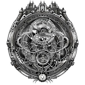 Steampunk clockwork universe. Generative AI.
