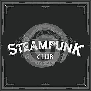 Steampunk club logo design victorian era cogwheels insignia vector poster on dark background