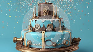 a steampunk, Colorful birthday cake with sprinkles and candles on a blue background