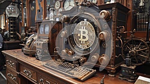 Steampunk computer with glowing green and yellow nixie tubes and a spinning bitcoin