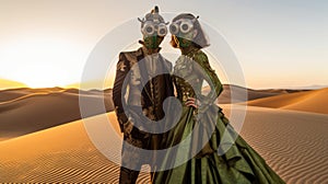 Steampunk Couple In Green Costume On Desert Sand At Sunset