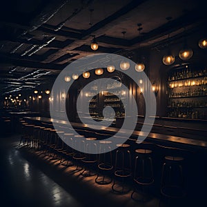 Steampunk Dark Cozy Retro Long Bar With Warm Lights Realistic Looking Wood Interior Metal Elements Underground Club Generative Ai