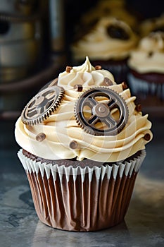 Steampunk decorated cupcake with buttercream icing and gears