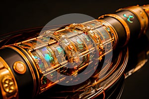 A steampunk device with glowing parts on a dark background, blending vintage and futuristic styles.