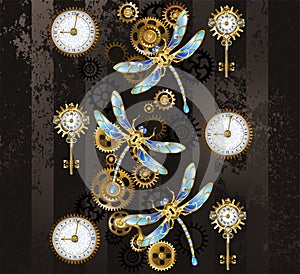 Steampunk dragonflies on striped background