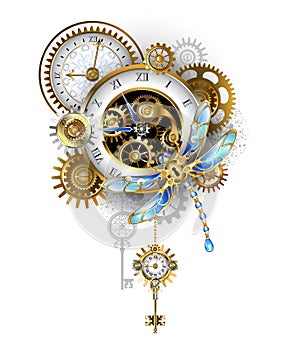 Steampunk dragonfly with clock on white background