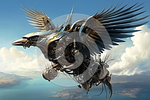 steampunk eagle - inspired metal flying machine in the sky
