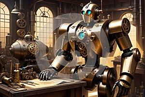 Steampunk-esque Robot: Intricate Gears and Pistons Visible beneath a Transparent Chest Plate - Mechanical Marvel in 3D Render
