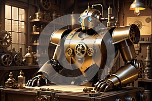 Steampunk-esque Robot: Intricate Gears and Pistons Visible beneath a Transparent Chest Plate - Mechanical Marvel in 3D Render