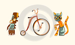 Steampunk Fictional Objects and Mechanism with Cat Robot and Mechanical Hand Vector Set
