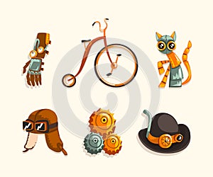 Steampunk Fictional Objects and Mechanism with Glove, Cat, Helmet, Hat and Bicycle Vector Set