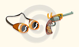 Steampunk Fictional Objects and Mechanism with Goggles and Mechanical Pistol Vector Set