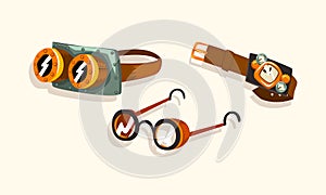 Steampunk Fictional Objects and Mechanism with Mechanical Goggles and Watch Vector Set