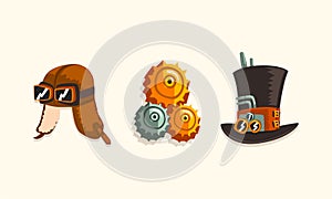 Steampunk Fictional Objects and Mechanism with Mechanical Top Hat and Cogwheels Vector Set