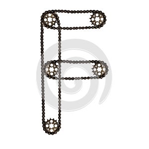 Steampunk font. Letter F from chain gear elements, tires, reflectors