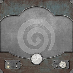 Steampunk frame on blue rusty background with gauges and switches