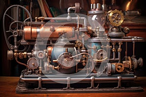 steampunk gear-driven contraption with steam pressure gauges