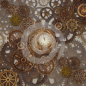 Steampunk gears background with a clock