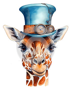 Steampunk giraffe in blue hat in a watercolor style. Orange and blue fantasy animals illustration. Created with Generative AI
