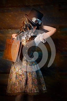 Steampunk Girl with Leather Portfolio Bag