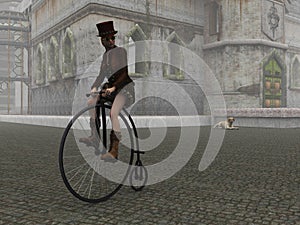 Steampunk girl on penny farthing bicycle on cobbled street