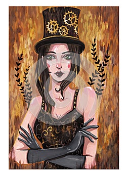 Steampunk girl. Portrait of a girl in a hat. Victorian steampunk