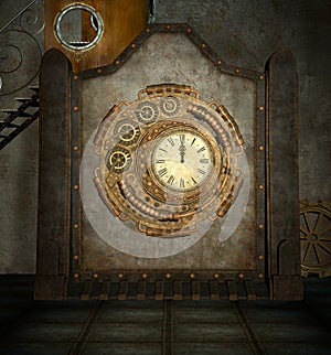Steampunk golden clock room