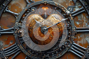 Steampunk heart-shaped clockwork with rusty gears and cogs, adding industrial charm.