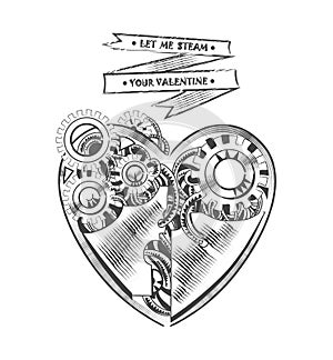 Steampunk hipster vector drawing Valentine heart art element for card, site