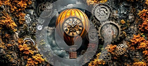 Steampunk Hot Air Balloon Adorned with Clock, Navigating a Dreamlike World of Gears and Time photo