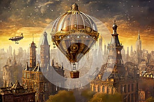 Steampunk Hot Air Balloon, City Skyline