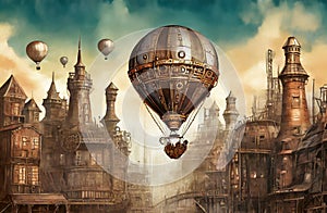 Steampunk Hot Air Balloon, City Skyline