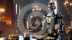 steampunk house with terminator butler robot cyborg serving cookies