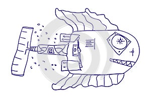 Steampunk Humorous mechanical fish. Vector sketch illustration