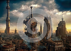 Steampunk Industrial City Skyline, Background, Science Fiction