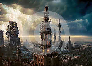 Steampunk Industrial City Skyline, Background, Science Fiction