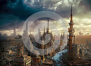 Steampunk Industrial City Skyline, Background, Science Fiction