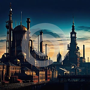 Steampunk industrial cityscape background clocks and