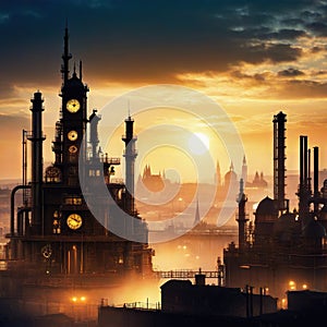 Steampunk industrial cityscape background clocks and