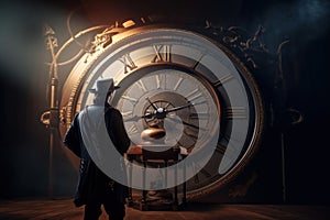 A steampunk-inspired 3D rendered image featuring a man standing in front of a giant clock. Generative AI