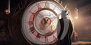 A steampunk-inspired 3D rendered image featuring a man standing in front of a giant clock. Generative AI